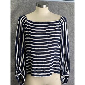 Banana Republic Blouse Women L Navy White Stripe Balloon Sleeve Top‎ Coastal NWT